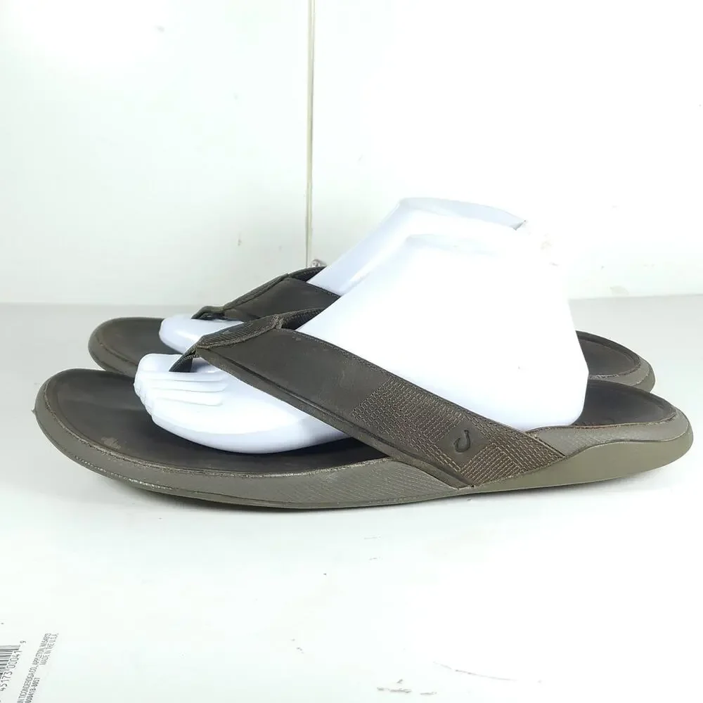 Olukai Men's Tuahine US13 Canteen Leather Waterproof Flat Thong Sandals
